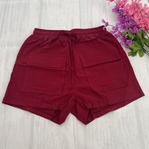 Ladies Drawstring Linen Shorts Womens Summer  Burgundy with 2 front pocket sz S